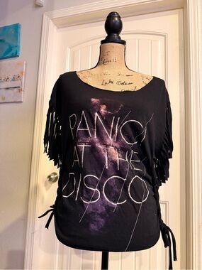 Womens Black 'Panic! At The Disco' Fringe Graphic Tee